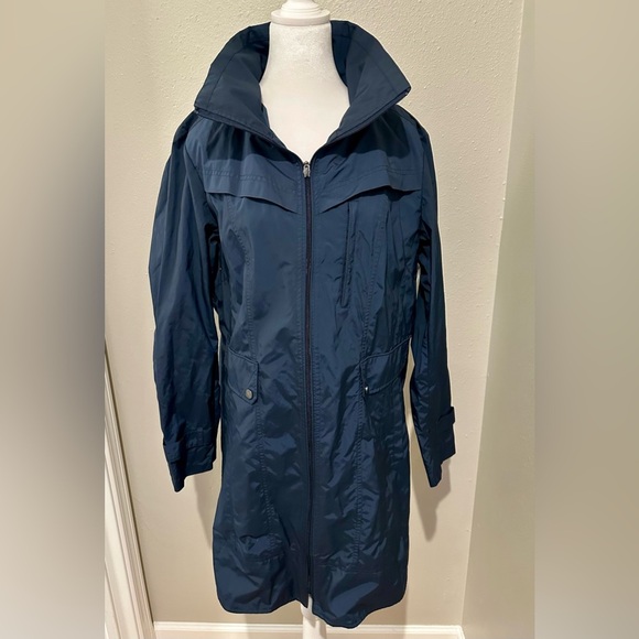 Cole Haan Navy Blue Hooded Multi Pocket Lightweight Trench Rain Coat Size L - Picture 1 of 11